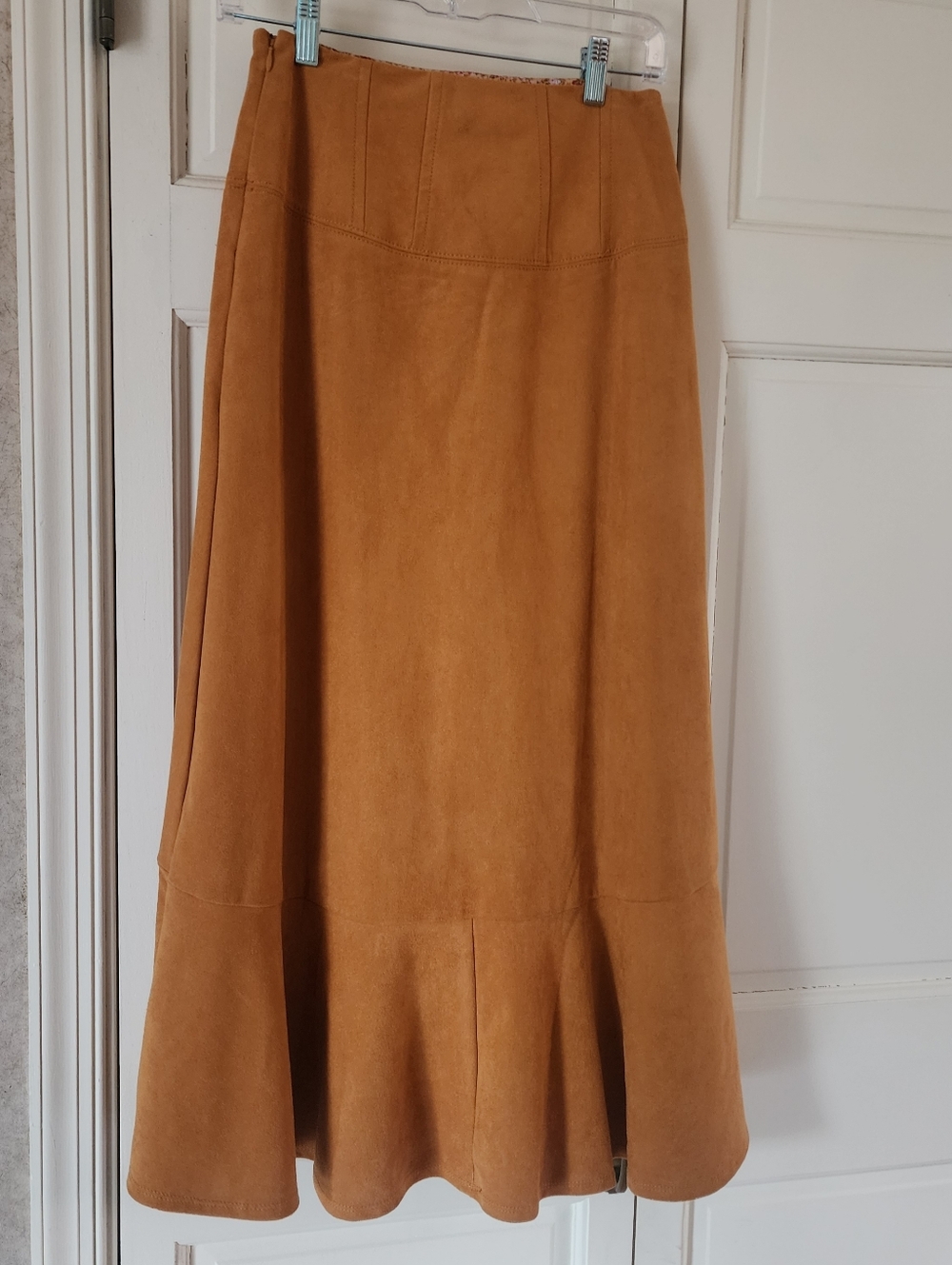 Anthropologie Maeve Orange Flounced Faux Suede Midi Skirt High-low .New no Tag. - Picture 3 of 8